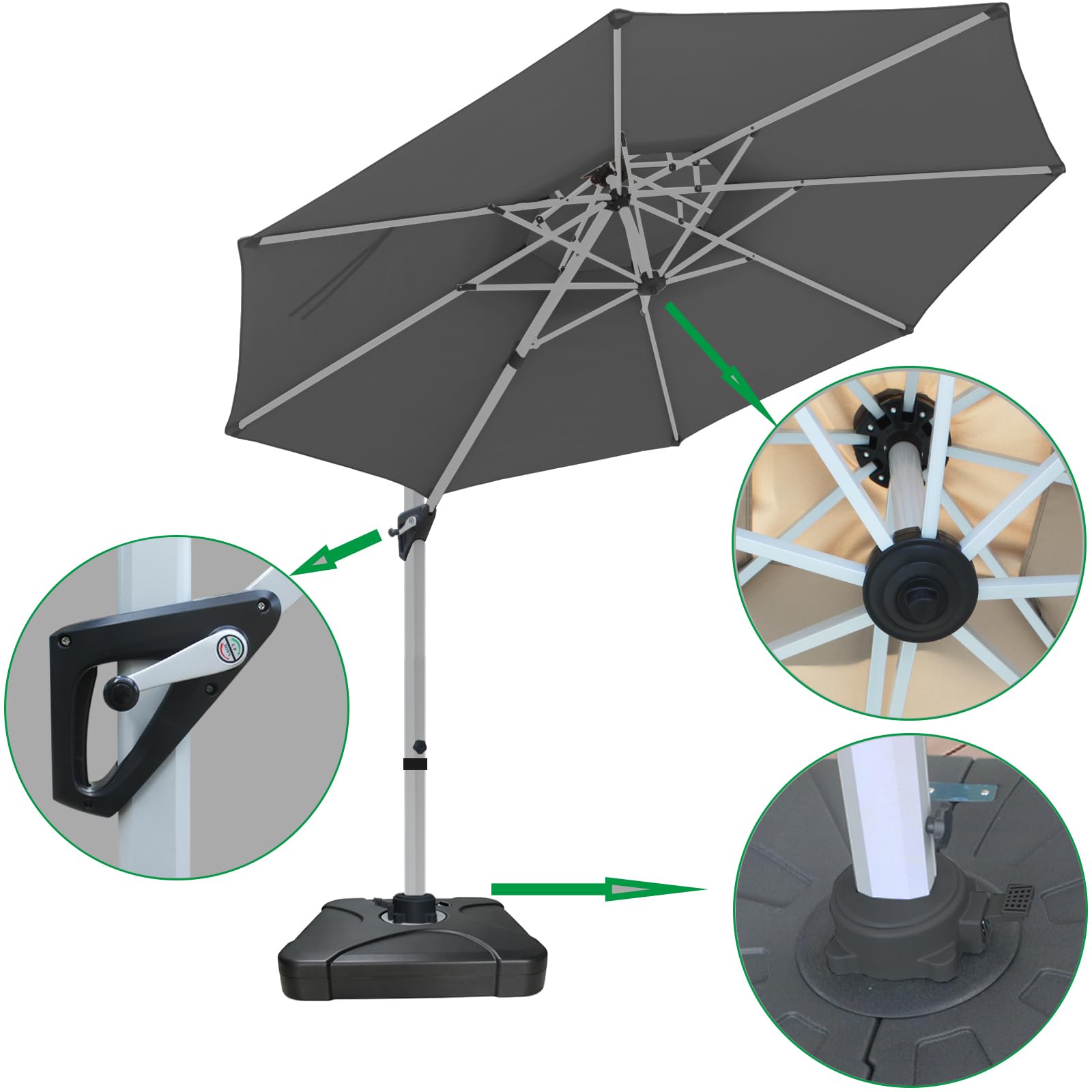 RANSENERS Ampelschirm 300 cm mit Schirmständer, Doppelter Baldachin, Drehbar 360°, Neigbar 0°-90°, Aluminium Rahmen, Extra-Dicker Gewebe, UV50+, für Garten, Terrasse, Cafe im Freien (Grau)