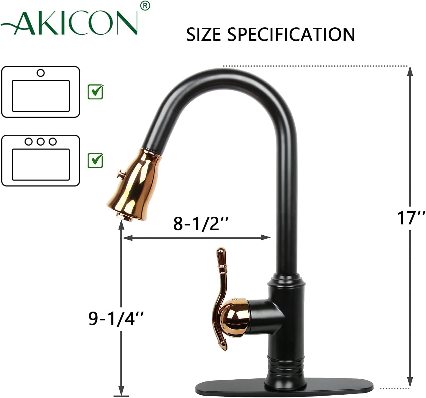 Two Tone Single-Hole Single Handle Level Solid Brass Kitchen Sink Faucets with Pull Down Sprayer, Soap Dispenser, Air Gap and Deck Plate (Matte Black and Rose Gold, Classical)