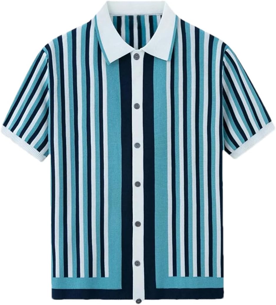 Men’S Loose Fit Striped Knitted Polo Cardigan Short Sleeve Button-Down Luxury Fashion Top Tee