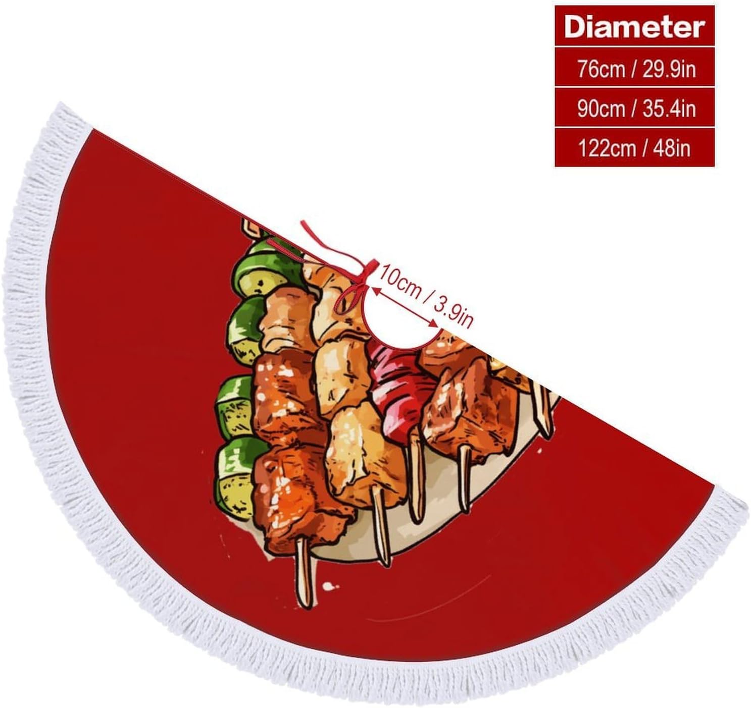 Chicken Skewers BBQ Christmas Tree Skirt Round Xmas Tree Mat Ornaments Tree Skirts with Tassels for Holiday Party