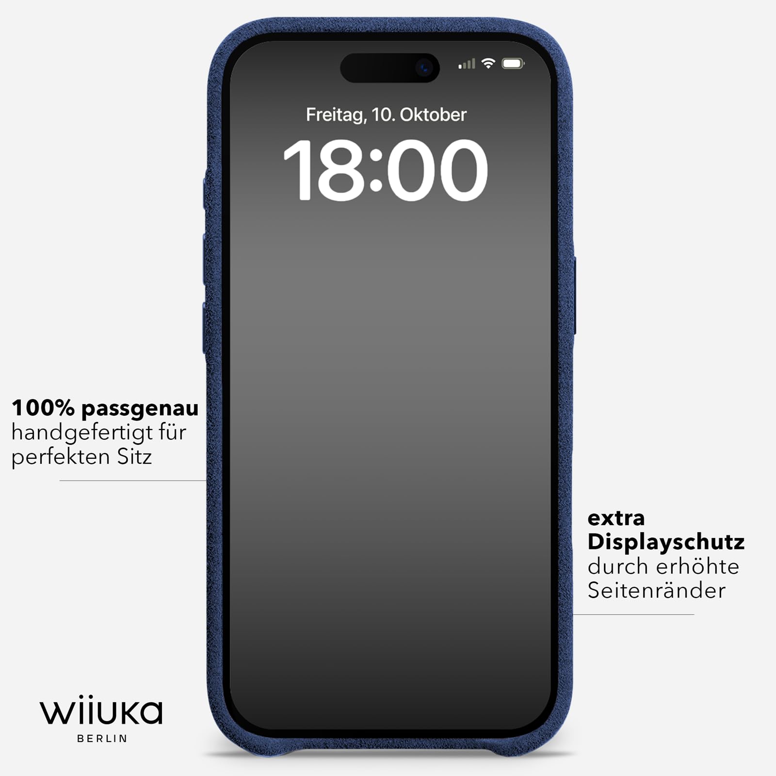 WIIUKA Etui do iPhone 17 Pro Max, oryginalne Alcantara®, ręcznie wykonane, bardzo cienkie, premium etui na telefon komórkowy, Case, Qi, alternatywa dla skóry, skiin Alcantara, niebieskie