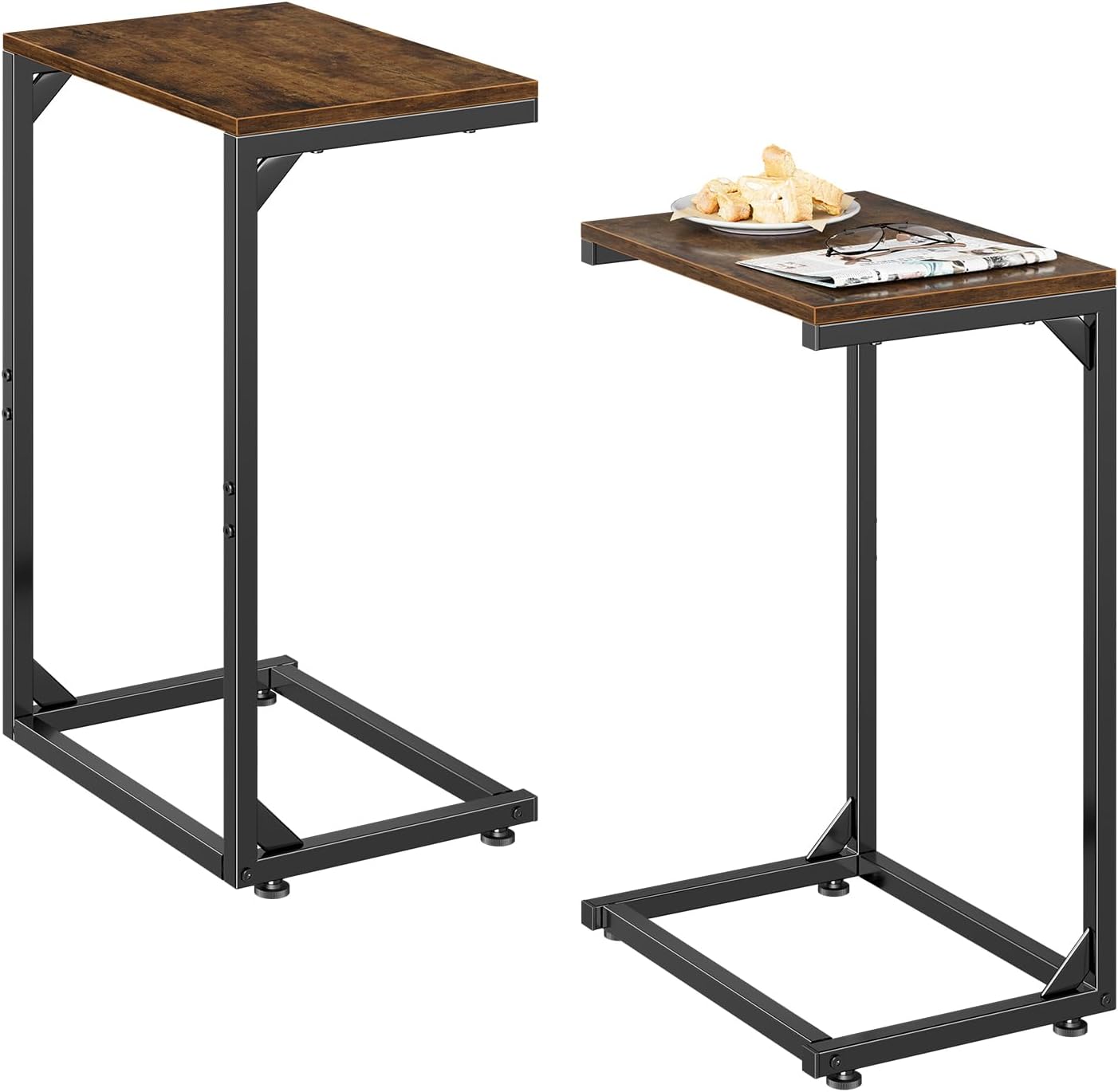 Simple Trending C Shaped Side Table, Small End Table Set of 2, TV Trays Sofa Couch Table for Living Room, Bedside, Rustic Brown