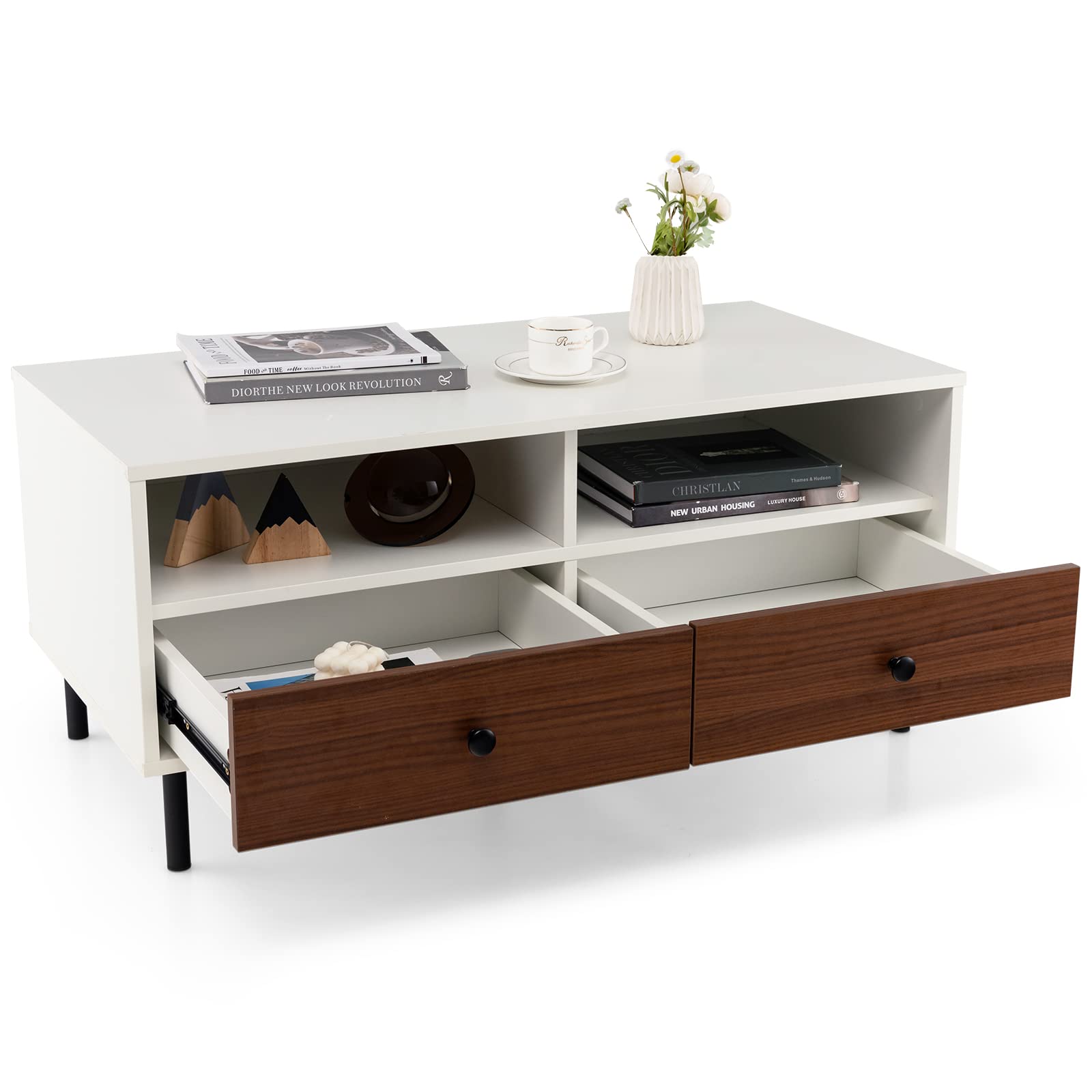 GOFLAME Coffee Table with 2 Drawers Open Shelves 2-Tier Center Table with Large Tabletop 5 Steel Support Legs