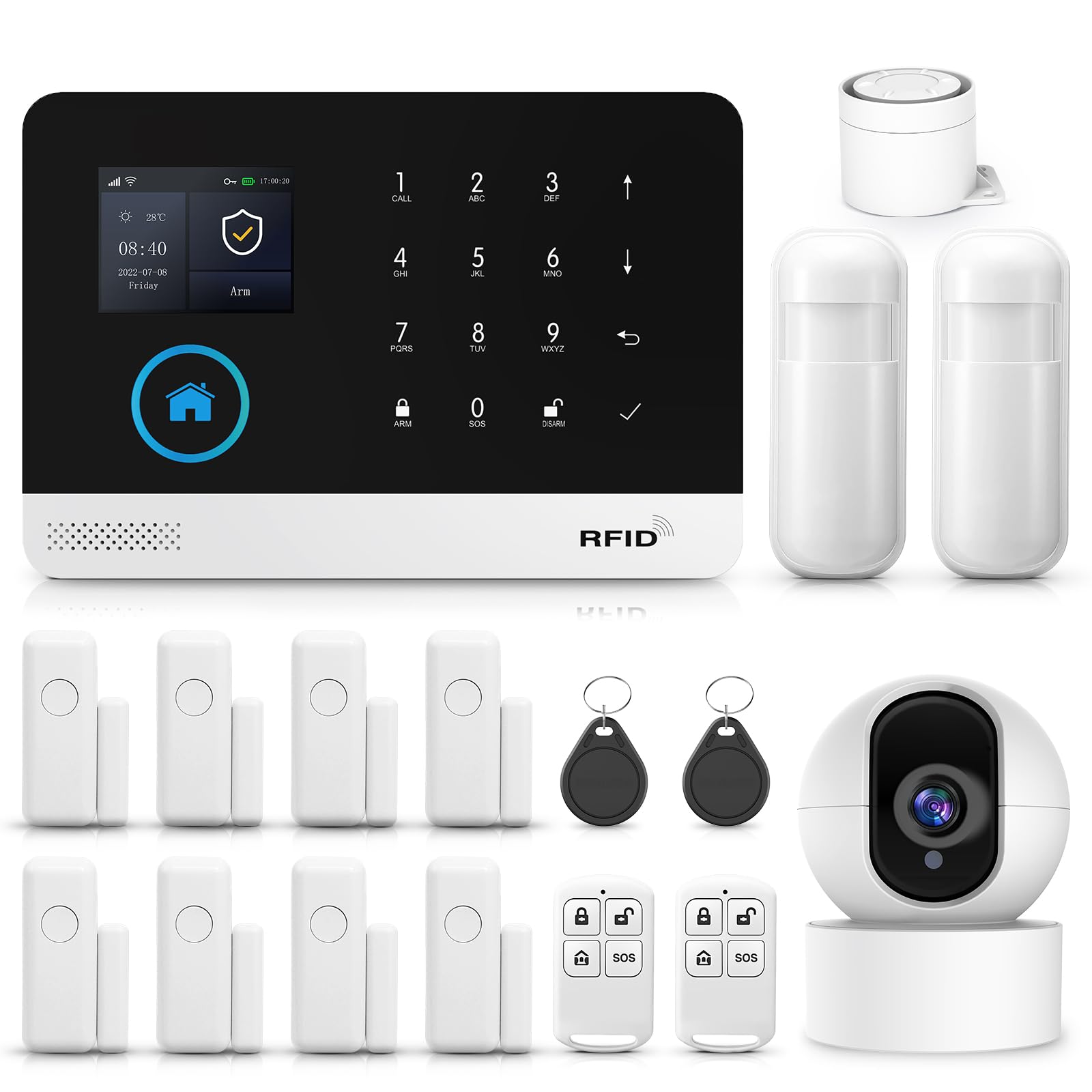 Wireless Home Alarm System, 17 Pieces GSM WiFi Full Anti-theft Alarm System, Alarm Siren with PIR, Door and Window Sensor, Remote Control for Apartment, Garage, Office