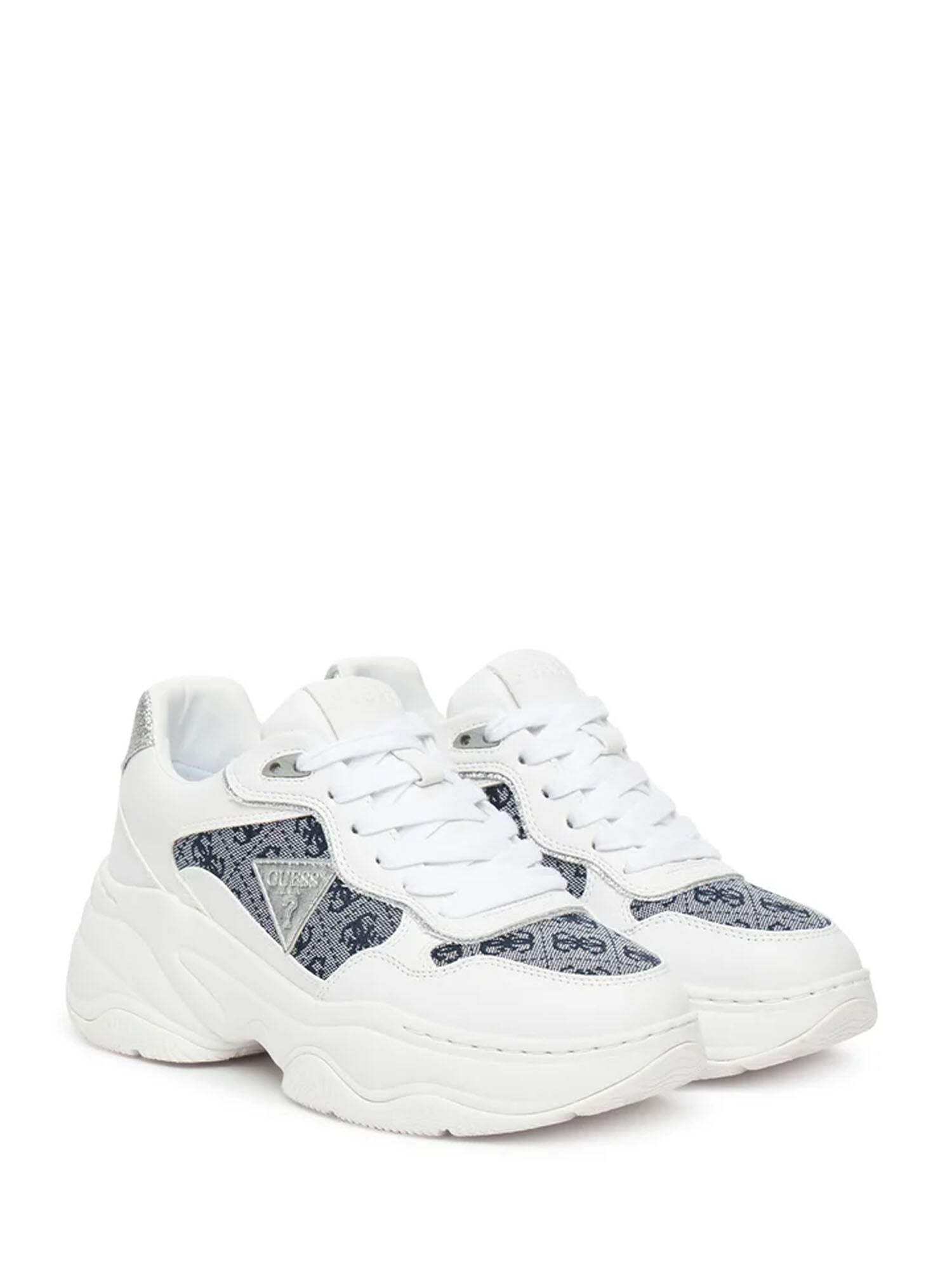 GUESS Scarpe sportive con plateau, bianco e blu, dettaglio glitter argento
