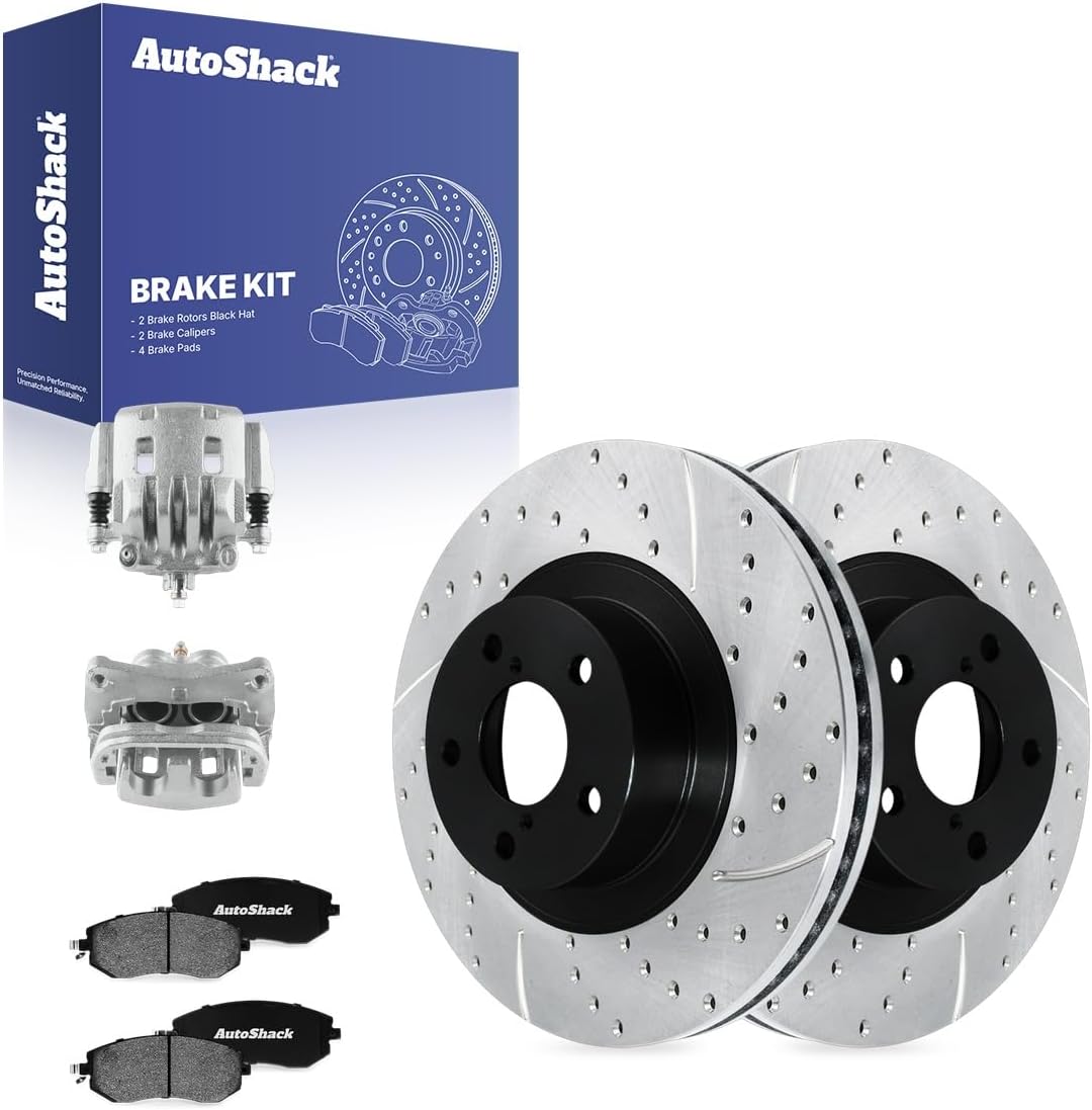 AutoShack Front Vented Drilled & Slotted E-Coated Brake Rotors + Ceramic Pads + Calipers 8-PC Brake Kit Replacement for 2011-2018 Subaru Forester 2010-2014 Subaru Impreza ShadowGuard 11.55" (293.4 mm)