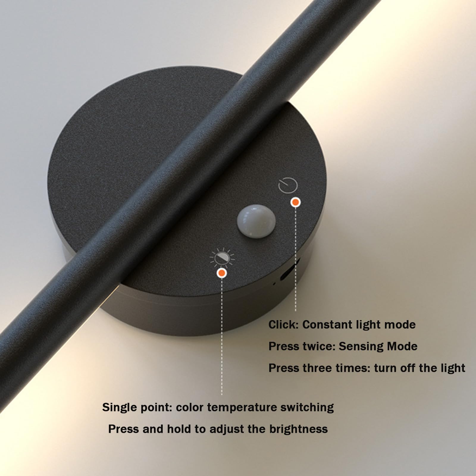 LED Interior Largo Aplique de Pared con 120° Sensor de Movimiento Lámpara de Pared Moderno USB Ricaricabile Luz Aluminio 2700K-6500K Regulable para Dormitorio (60cm,Negro)