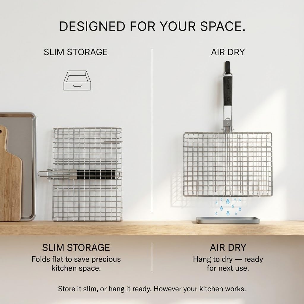 Grill Basket for Outdoor Grill - Heavy Duty Carbon Steel Fish Vegetable Grilling Baskets - Portable BBQ Accessories with Detachable Handle - Large 1.1 Inch Deep Net for Steak & Shrimp