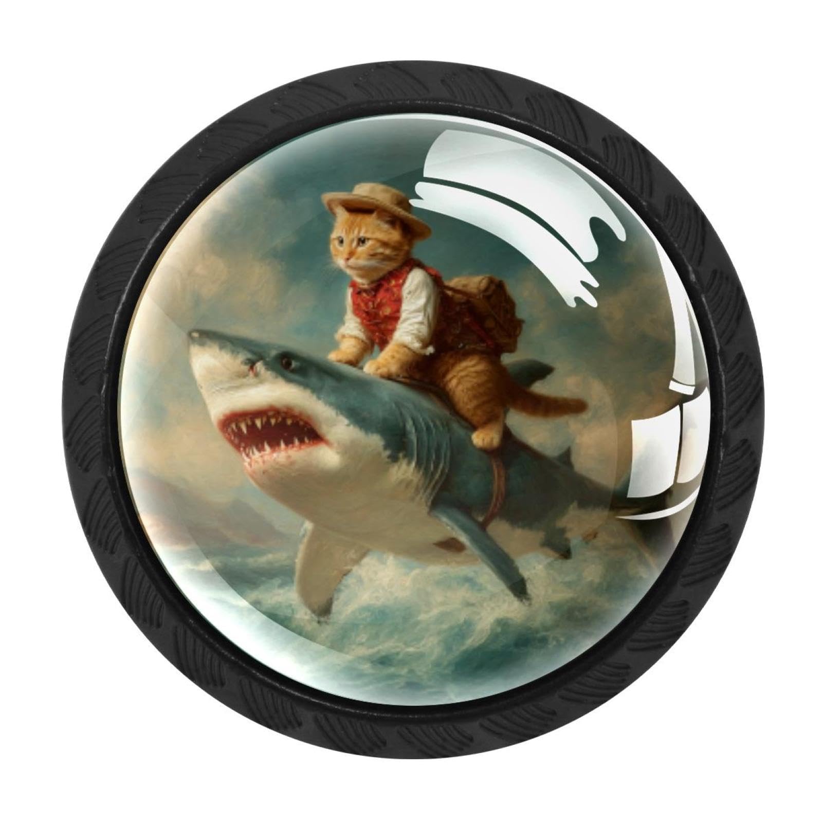 CHENZZZZ 4 Pack Funny Cat Riding Shark Ocean (3) Drawer Knob Cabinet Hardware