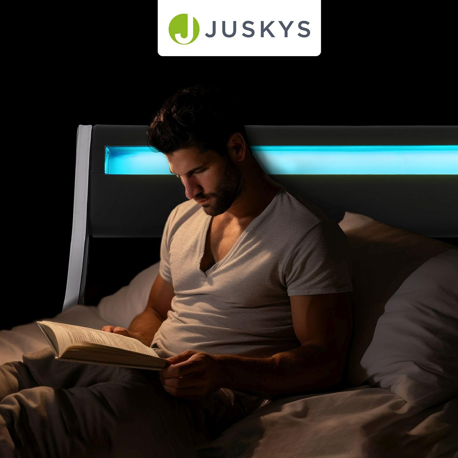 Juskys Polsterbett Valencia 180x200 cm komplett mit Matratze, LED Beleuchtung, Lattenrost & Kopfteil - Bett Doppelbett - schwarz