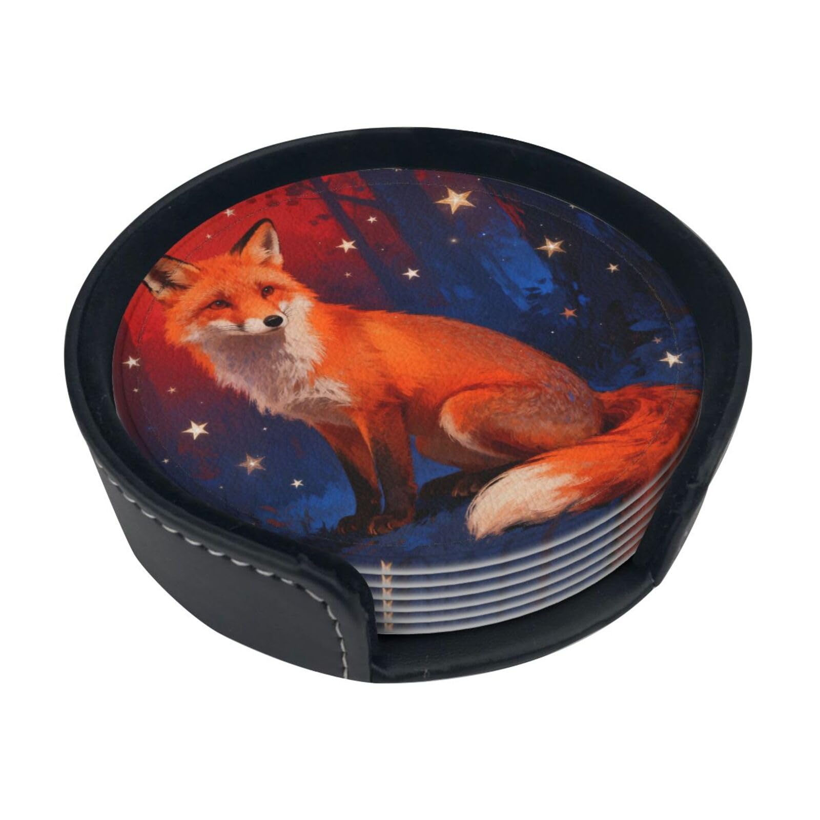 Cntdbu White Fox Star Dream Leather Coasters Set Of 6-Pu Leather Drink Mats For Table, Heat Resistant Round Coasters With Holder