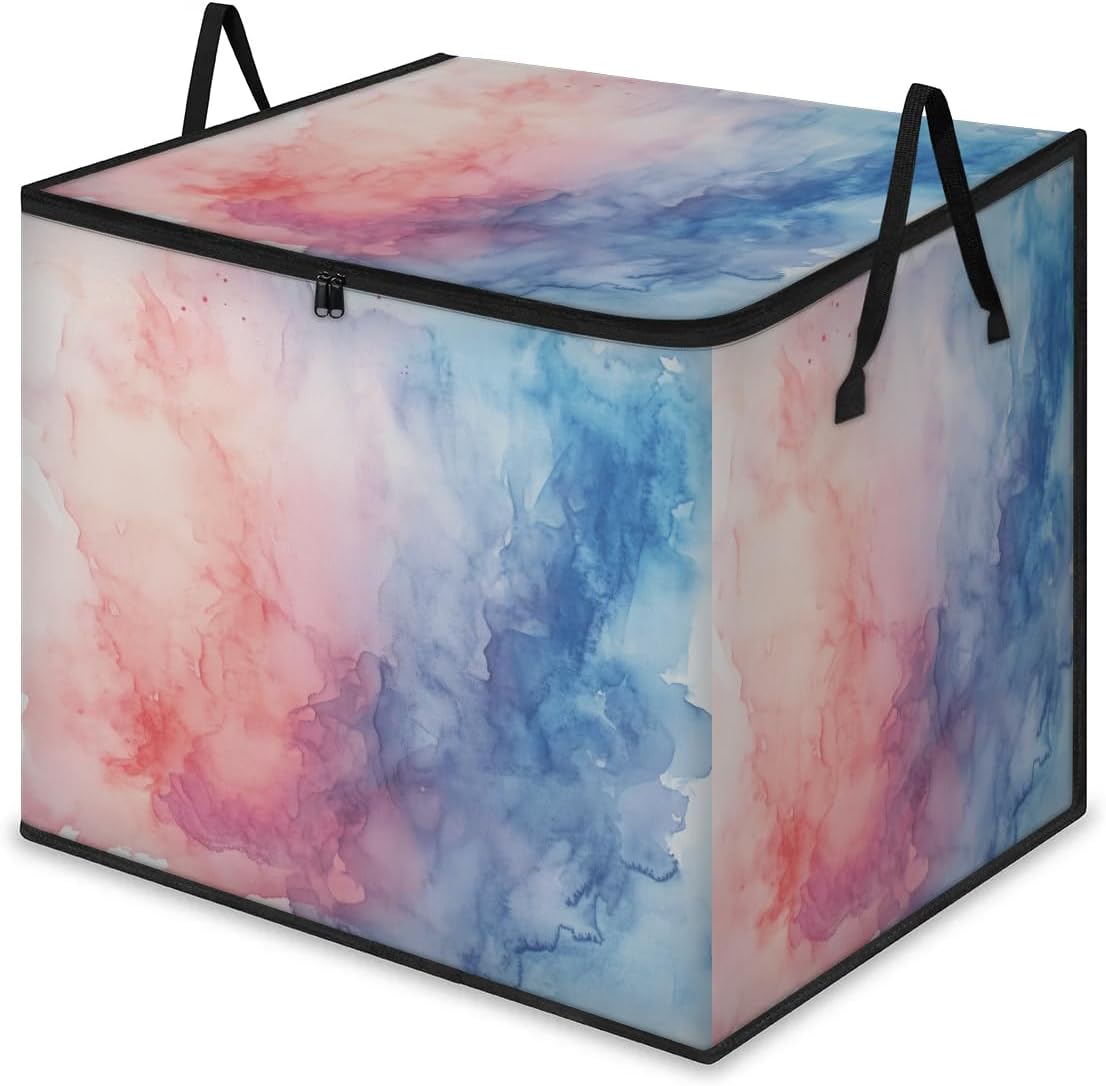 Blue Pink Watercolor Large Storage Bags Graffiti Foldable Clothes Storage Bins Blanket Organizers Storage Containers with Reinforced Handles for Closet Comforter Pillow Bedding