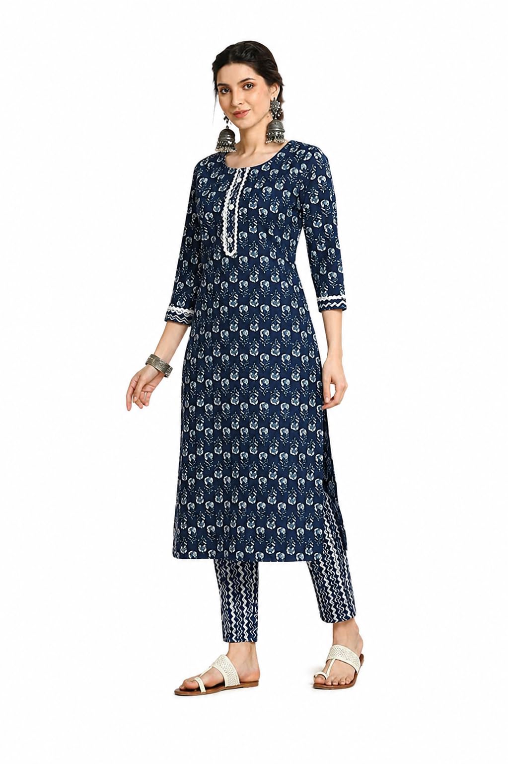 Anouk Women Pure Cotton Blue Straight Kurta for Women | Printed Ethnic Wear | 3/4 Sleeve Lightweight Daily Outfit for Office and Casual Use in blue