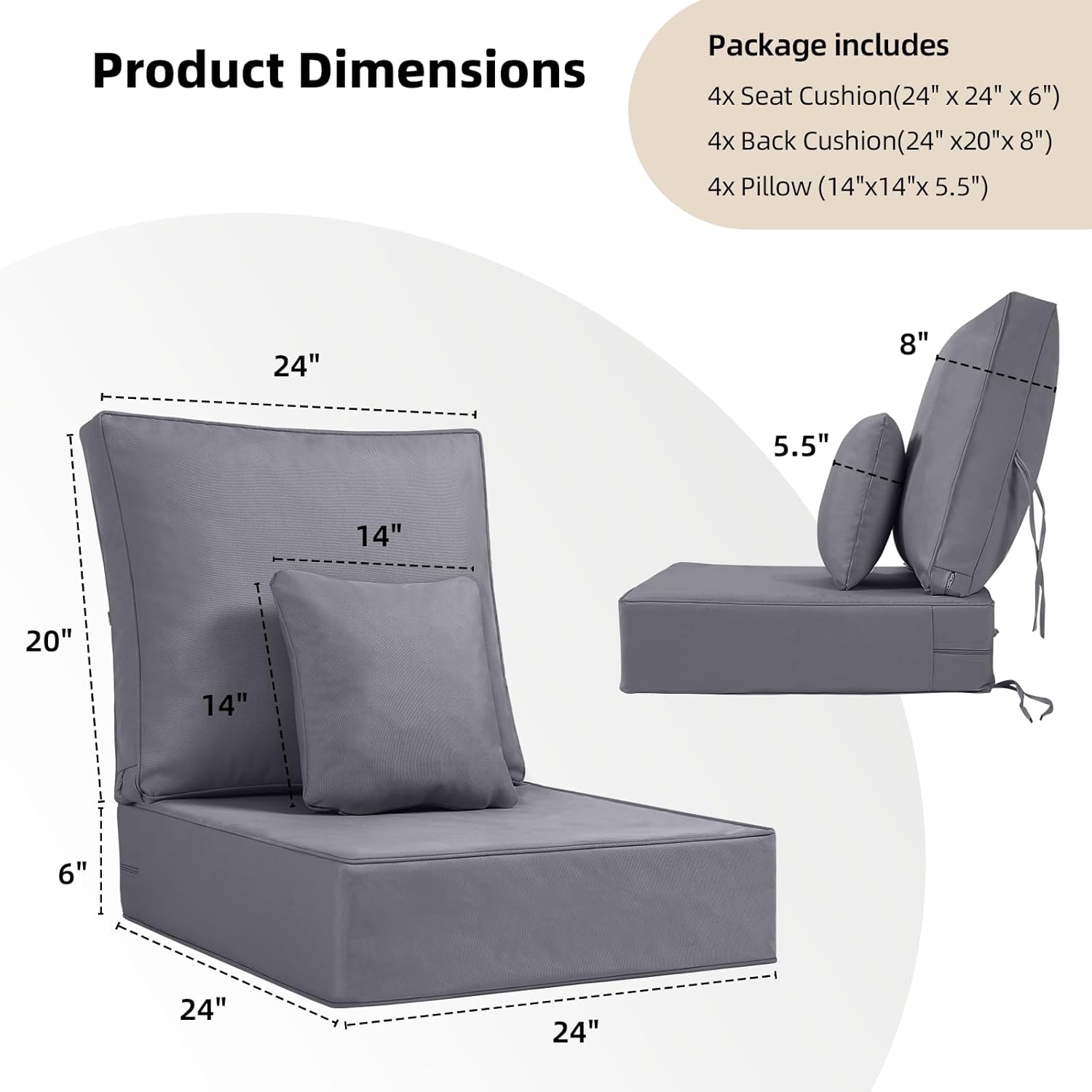 6 Inch Thick Outdoor Chair Cushions Set of 4, 24x24 Deep Seat Patio Cushions for Outdoor Furniture, Replacement Outdoor Seat Cushions with Back Cushions, Gray