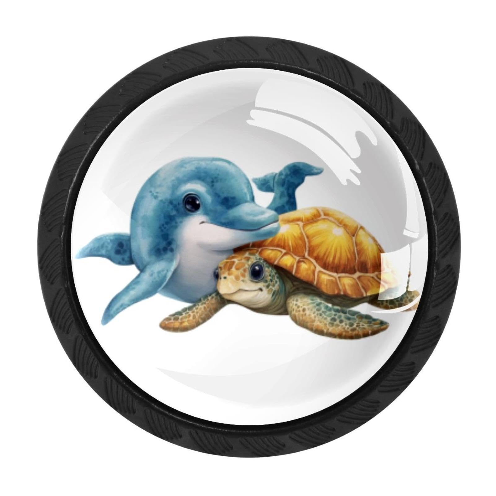 CHENZZZZ 4 Pack Cute Ocean Dolphin with Sea Turtle (2) Dresser Drawer Cabinet Knobs Round Crystal Glass Knobs Pulls Handles for Kitchen Wardrobe Cupboard Door Hardware