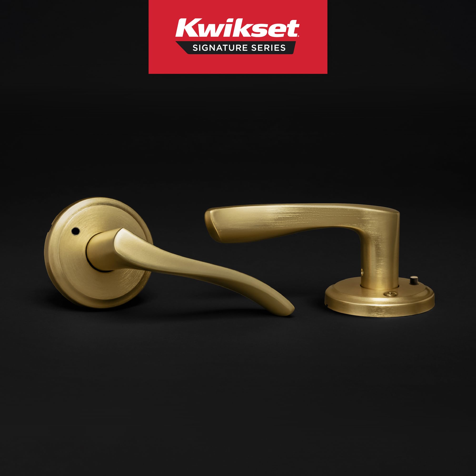 Kwikset Sedona Klamka do drzwi wewnętrznych z zamkiem, klamka do drzwi do łazienki i sypialni, satynowy mosiądz, odwracalna, bezkluczykowa, z ochroną przed mikrobami