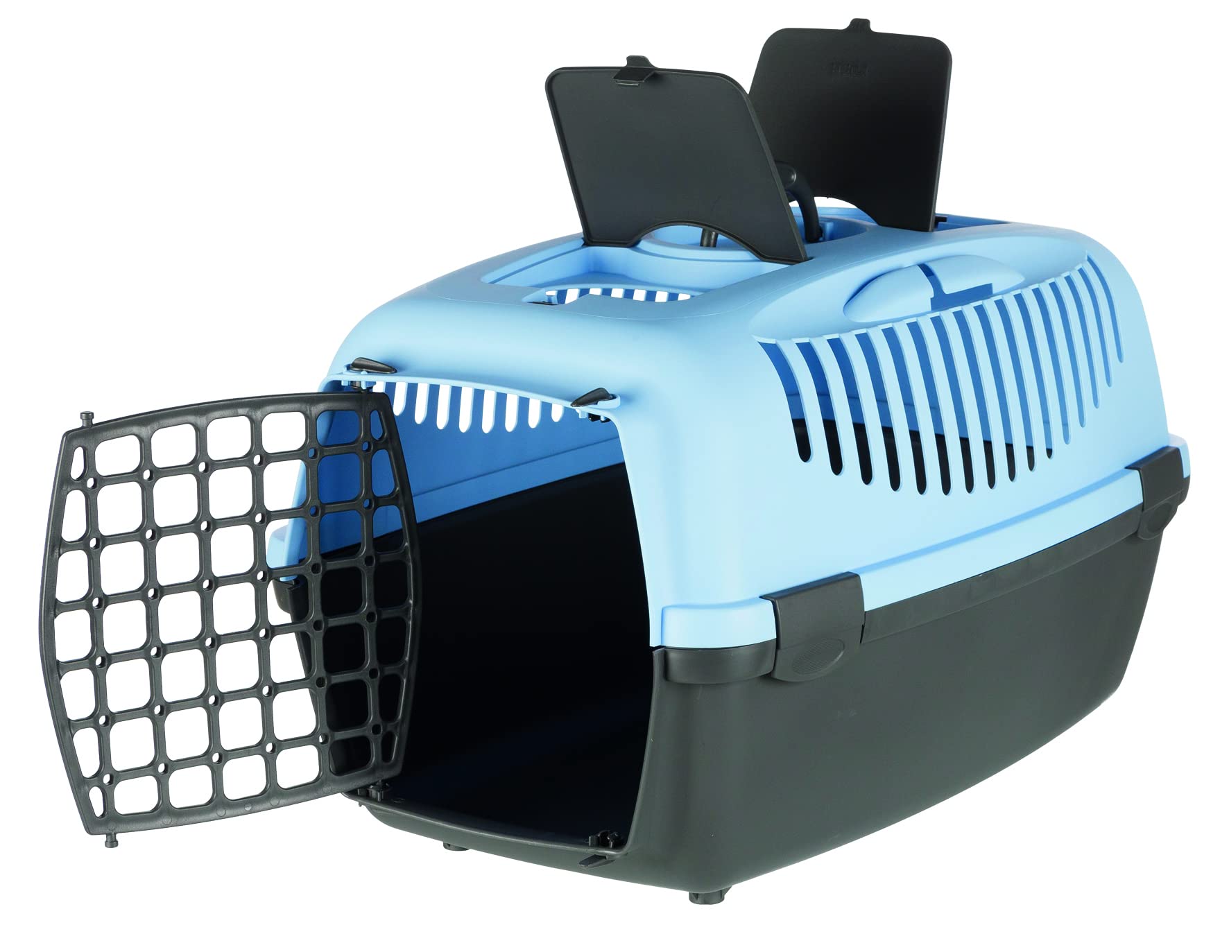 Trixie Capri Durable Plastic Pet Carriers with Handles, Storage Trays, and Stroking Flaps (Dark Grey/Pastel Blue, XS-S, Capri 2) 2
