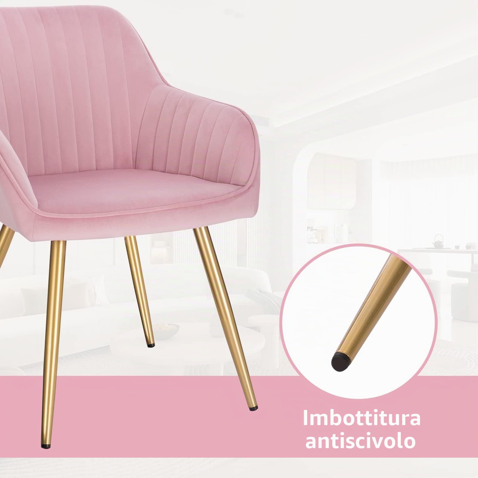 Lestarain 2 X Sedia Poltroncina da Sala Pranzo, Sedie Moderne da Cucina con Schienale e Braccioli, in Velluto, per Camera da Letto Soggiorno, Gambe Metalliche d'Oro Rosa