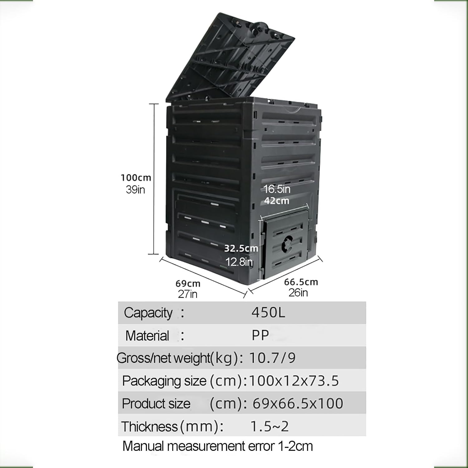 Gtzly Garden Compost Bin, Efficient Outdoor Compost Bin, 120 Gallon/450 Liter Large Black PP Composter for Garden, Kitchen, and Yard Waste