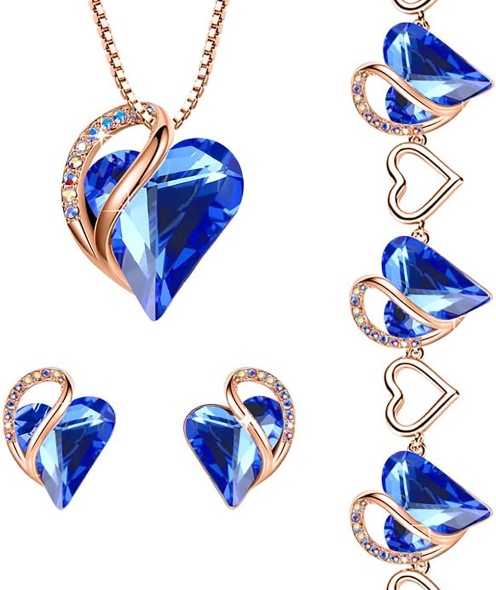 Leafael Infinity Love Crystal Heart Bundle Jewelry Set with Sapphire Blue Pendant Necklace Healign Stone Crystal for Protection Gifts for Women Necklace Earrings Bracelet, 18K Rose Gold Plated