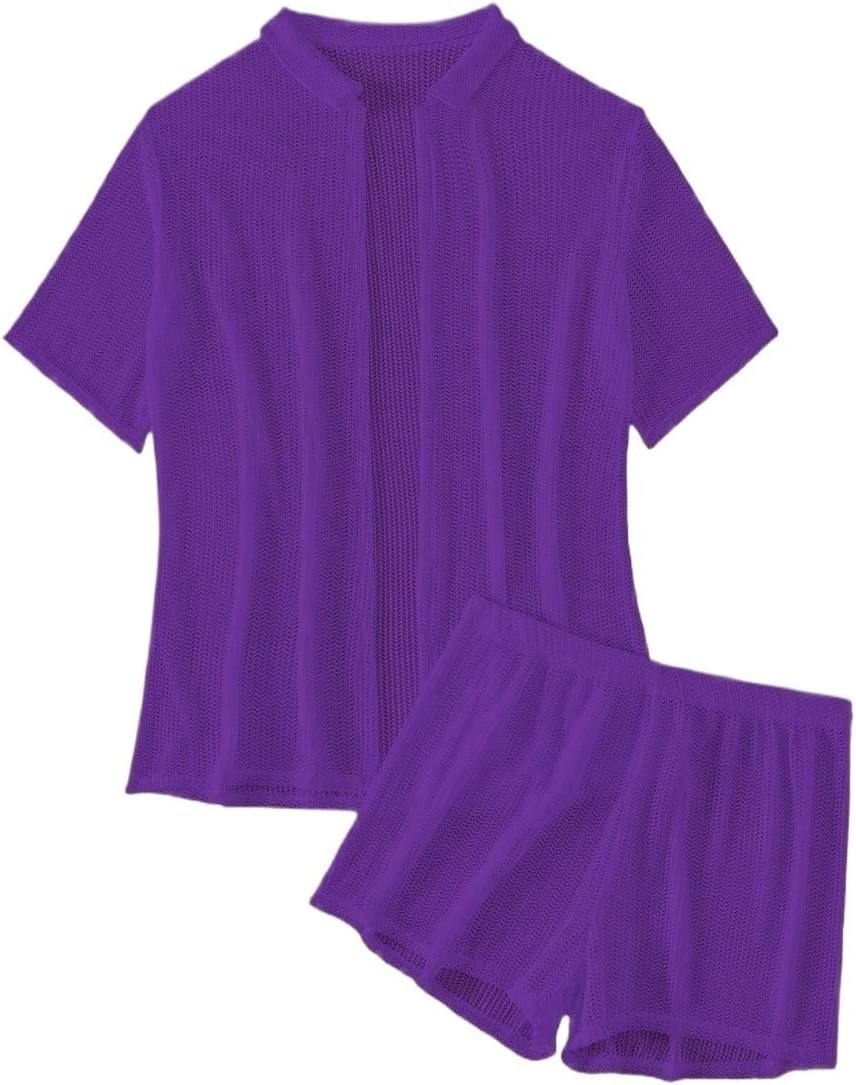 Womens Summer Beach Loose Fit Short Sleeve Cover Up And Shorts Two Pieces Set cover ups for swimwear