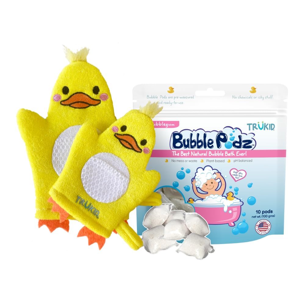 TruKid Bubble Gum Bubble Podz & BubbleGlove Set โ Bubble Bath Pods and 2 Wash Gloves for Parent and Child