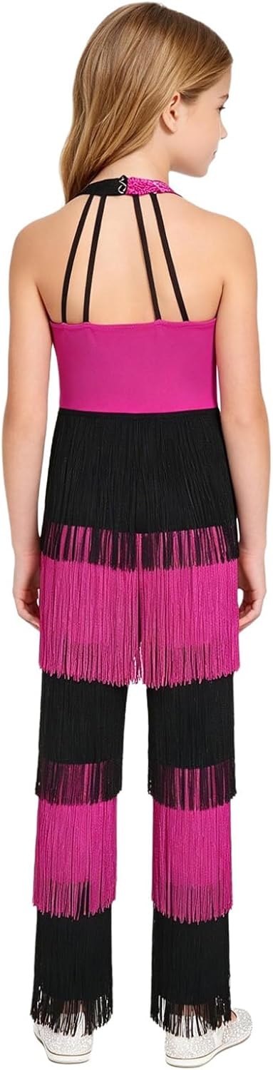 Yartina Kids Girls Disco Performance Latin Jazz Dance Bodysuits 70s Hippie Star Dancewear Retro Ballroom Overall Hot Pink 16 Years