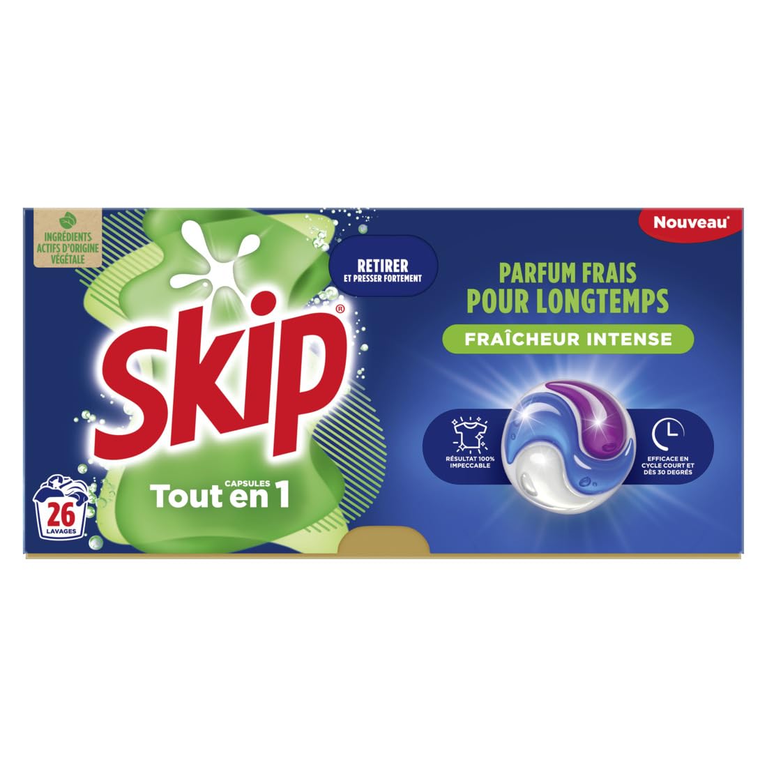 Skip Flüssigwaschmittel in Kapseln, intensive Frische 3-in-1, 78 Waschgänge, makelloses und effektives Ergebnis ab 30 °C, ohne Kunststoffverpackung (3 x 26 Stück)