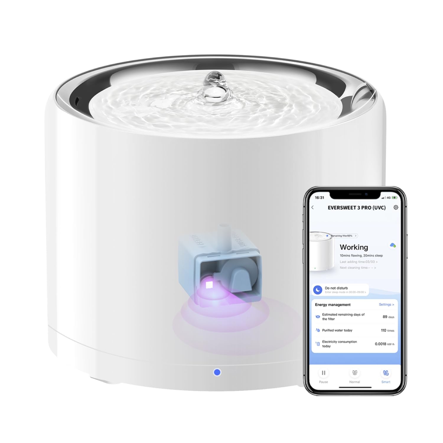 PETKIT Cat Water Fountain, UVC Wireless Pump, APP Control, 1.8L Cat Fountain Stainless Steel, Ultra Quiet, Hygienic Fresh Water for Cats Dogs, 3 Working Mode, Smart LED Light, Activated Carbon Filter