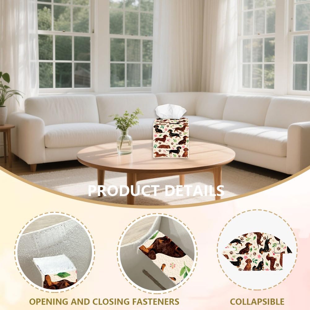 Dachshund Dog Tissue Box Holder, Leather Square Tissue Box Cover Waterproof Foldable Paper Towel Storage Cover Container Organizer for Bedroom Living Dining Room Office Car, 13x13x13cm