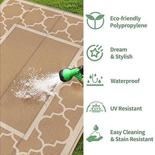 Genimo 5'X8' Outdoor Rug For Patio, Reversible Plastic Waterproof Rv Rugs, Clearance Large Mat, Porch, Camping, Picnic, Deck, Camper, Balcony, Brown & Beige #TOP4