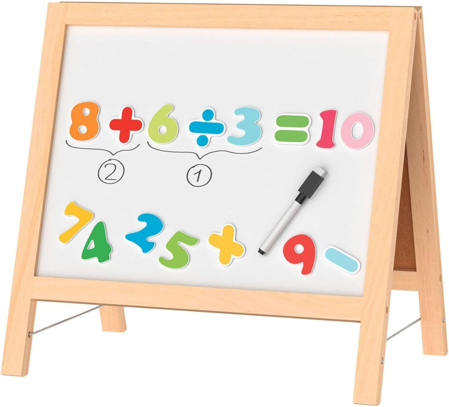 Playtive Wooden Table Easel set up, showing the whiteboard side with colorful magnetic numbers and symbols, and a whiteboard pen.