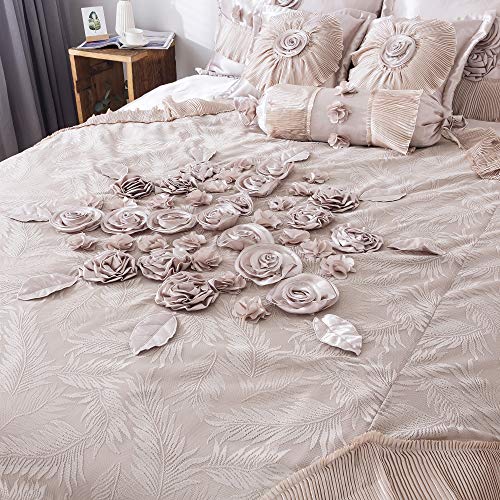Tache Satin Silky Lustrous Floral Lace Ruffle Sweet Victorian Royal Glam Champagne Beige Down Alternative 6Pc Comforter Set - Queen #TOP1