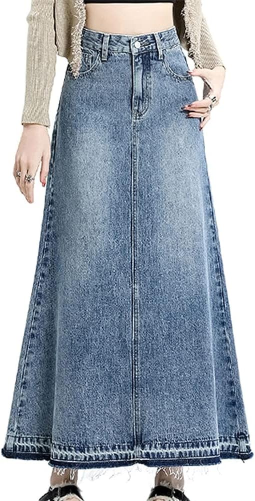 ORANDESIGNE Jupe Denim Femme Vintage A-Ligne Taille Haute Maxi - Jean Longue Casual Élégante