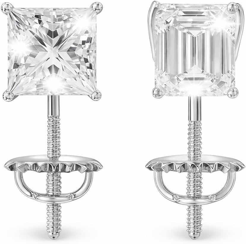 Luxury Valentine’s Day Moissanite Earrings Gift Set | 1CT Total Princess & Emerald Cut Stud Earrings | 14K White Gold Plated 925 Sterling Silver | Premium Jewelry Gift for Women