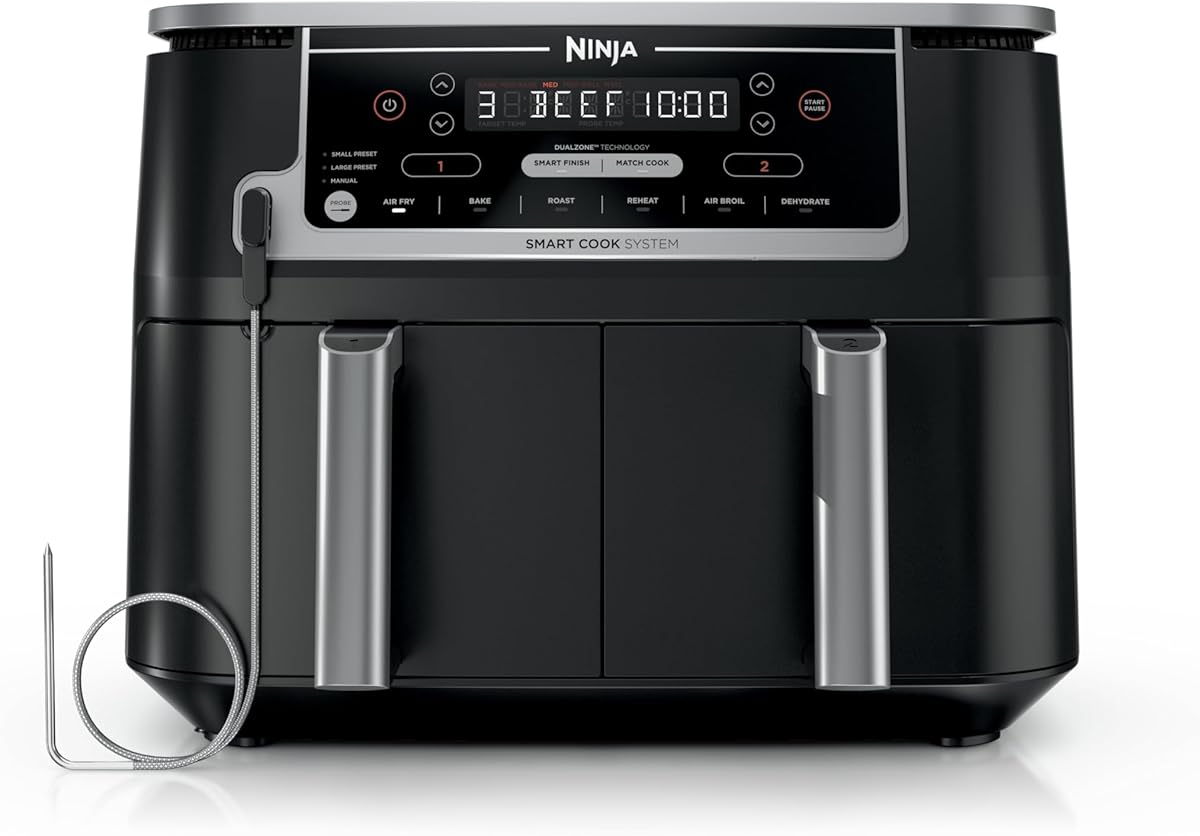 Ninja Foodi 10 QT 6-in-1 DualZone Smart XL Air Fryer, 2 Independent 5QT Baskets, Smart Cook Thermometer, Match Cook, Smart Finish, Air Fry, Roast, Bake, Dehydrate, Reheat, Grey, DZ550