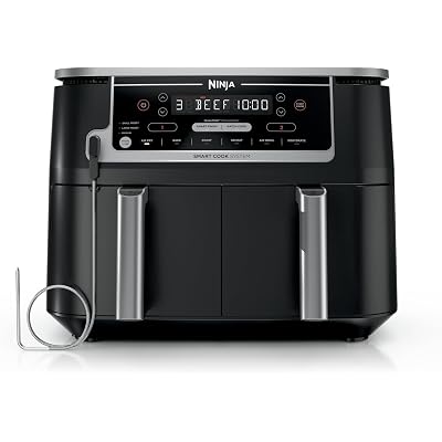Ninja DZ550 Foodi 10 Quart 6-in-1 DualZone Smart XL Air Fryer with 2 Independent Baskets, Smart Cook Thermometer for Perfect Doneness, Match Cook and Smart Finish to Roast, Dehydrate and More, Black