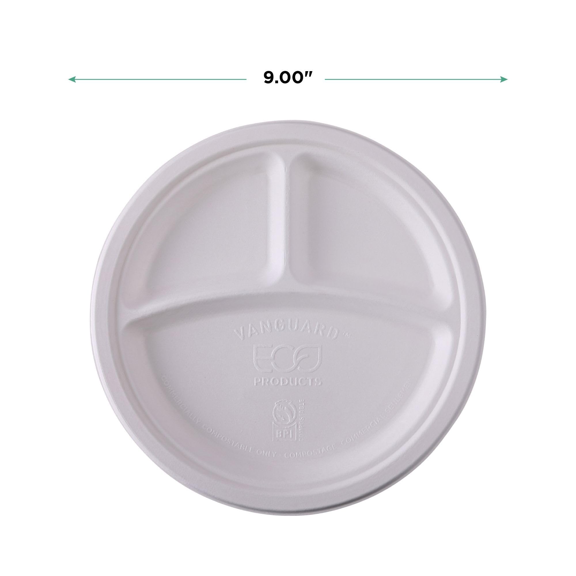 ECO PRODUCTS Platos de papel compostables Vanguard de 9 pulgadas, caja de 500, fibra moldeada blanca desechable de 3 compartimentos, redondos, sin árboles, sin PFAS, cumple con ASTM, certificado BPI