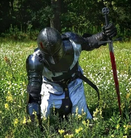 Medieval Knight Full Body Armor Costume, Black and White Steel, Templar Cross Design with Surcoat, Helmet, Guards, Belt