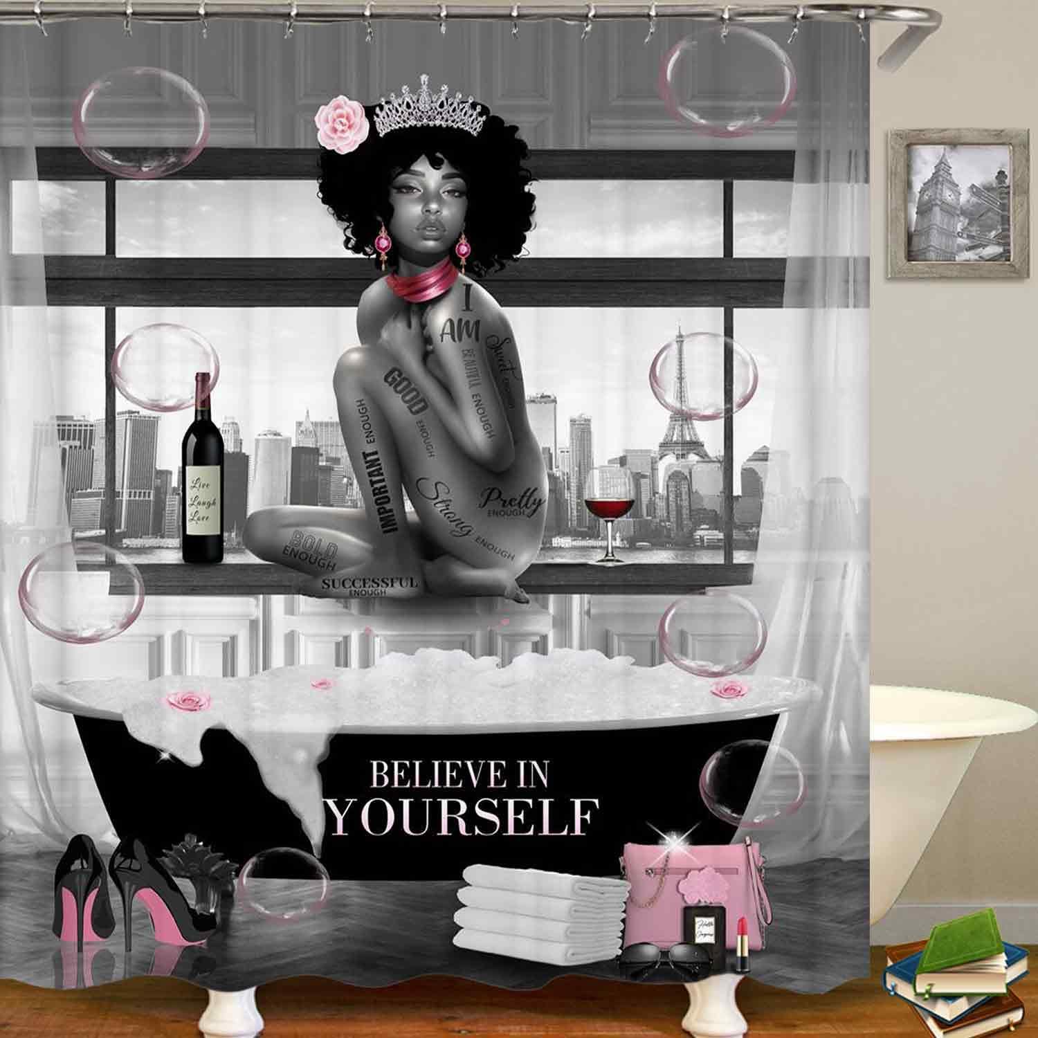 4PCS Sexy Black Girl Shower Curtain Set, Romantic Pink Floral High Heels Bubble Red Wine Afro Lady African American Woman Inspirational Quotes Bathroom Decor, Non-Slip Bath Rugs, Get Naked