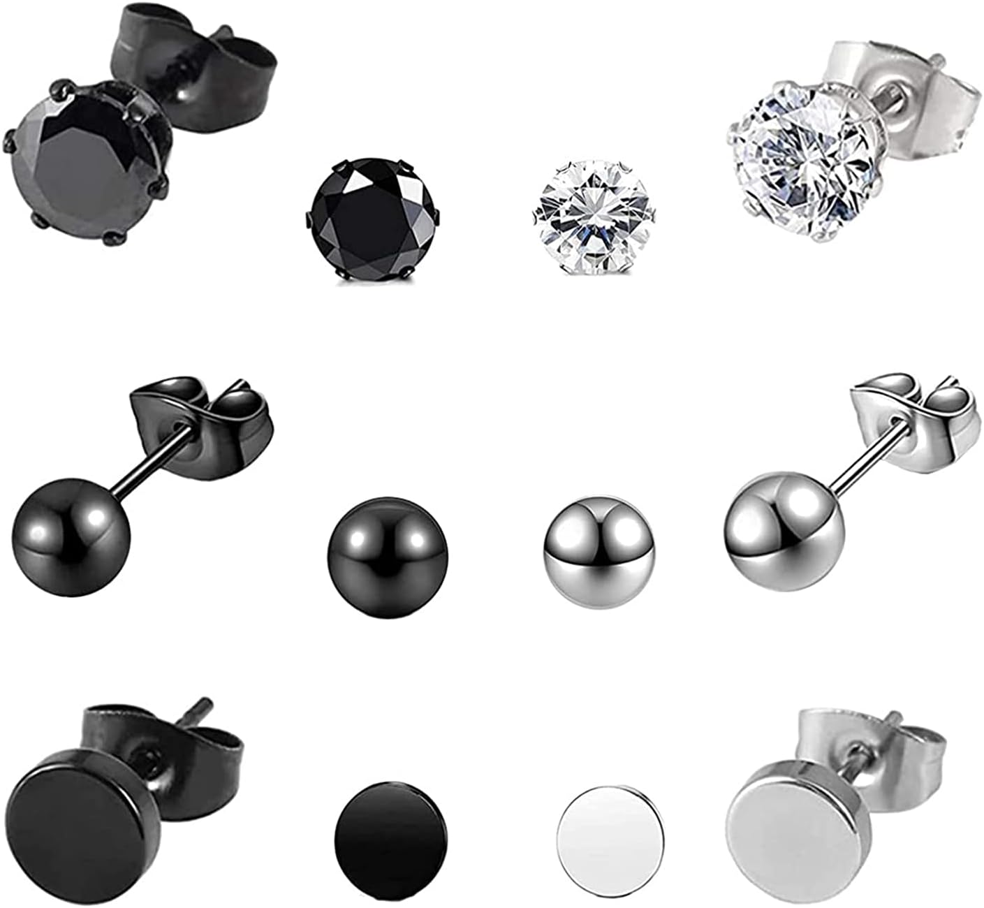 6 Pairs Black Stainless Steel Stud Earrings - CZ Cartilage Huggie Piercing with Dumbbell Barbell and Black Zircon for Women and Men