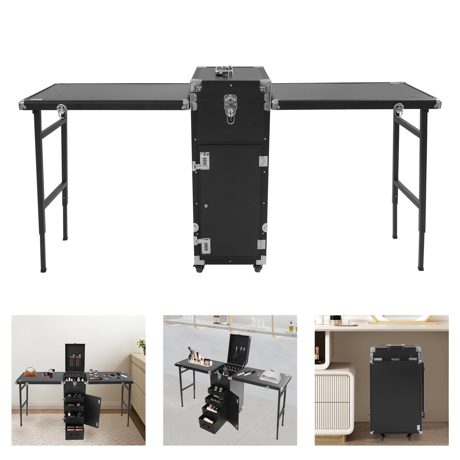 Professioneller Kosmetikkoffer Trolley, 2 In 1 Tragbarer Nageltisch Schminkkoffer Aluminium Nagelkoffer Große Friseurkoffer mit 2 klappbare Tischplatten, 4 Schubladen, Stützbeinen und Rollen