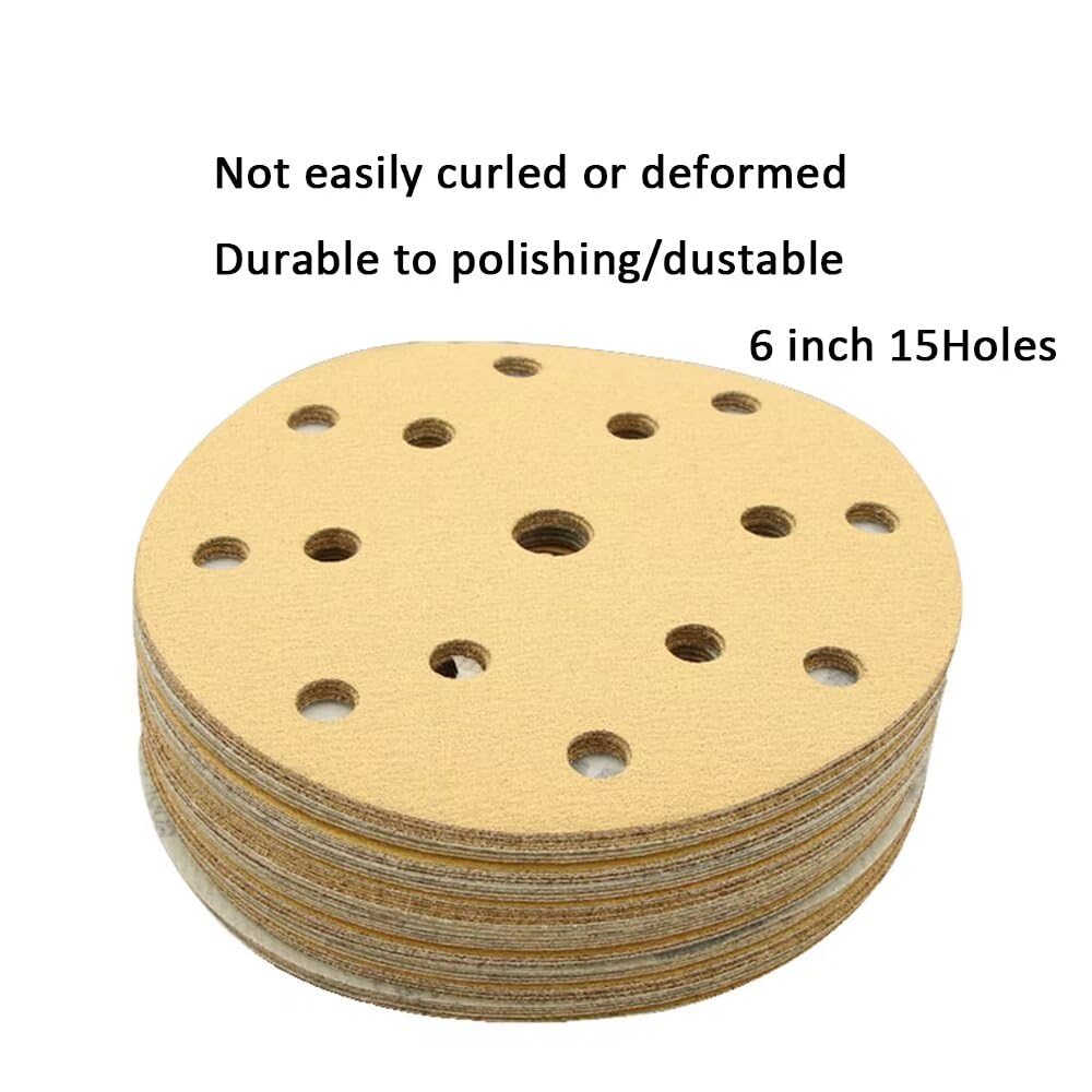 100pcs 6 pouces 150mm jaune Rond Papier Abrasif 15- trous Disque de Sablé set Grit-80 Crochet et Boucle Ponceuse Papier Abrasif pour Outils de Polissage
