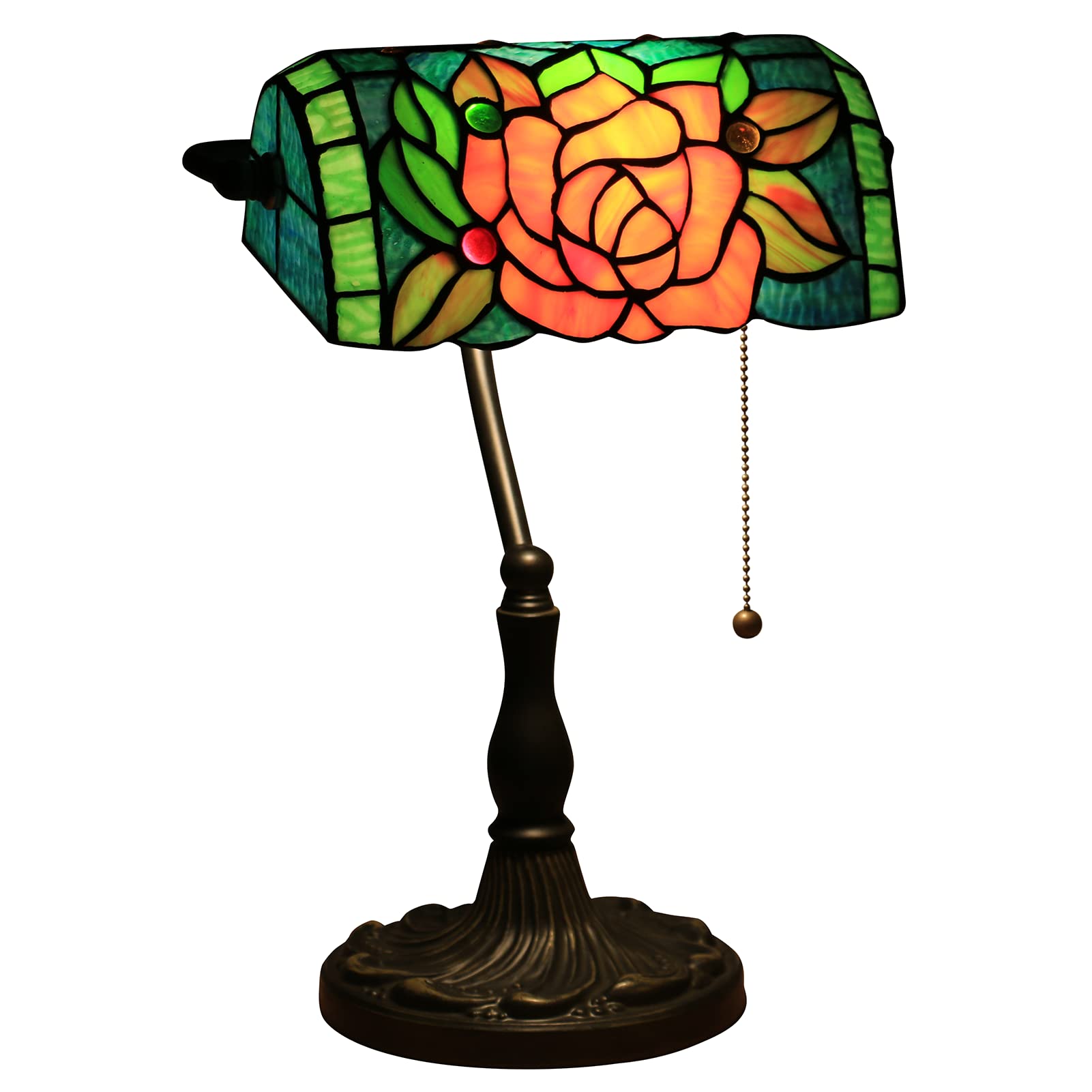 Aioneer Bankers Desk Lamp, Tiffany Lamp With Pull Chain Switch, Glass Table Lamp, Reading Lamps For Bedside Table, Art Deco Lamps-C