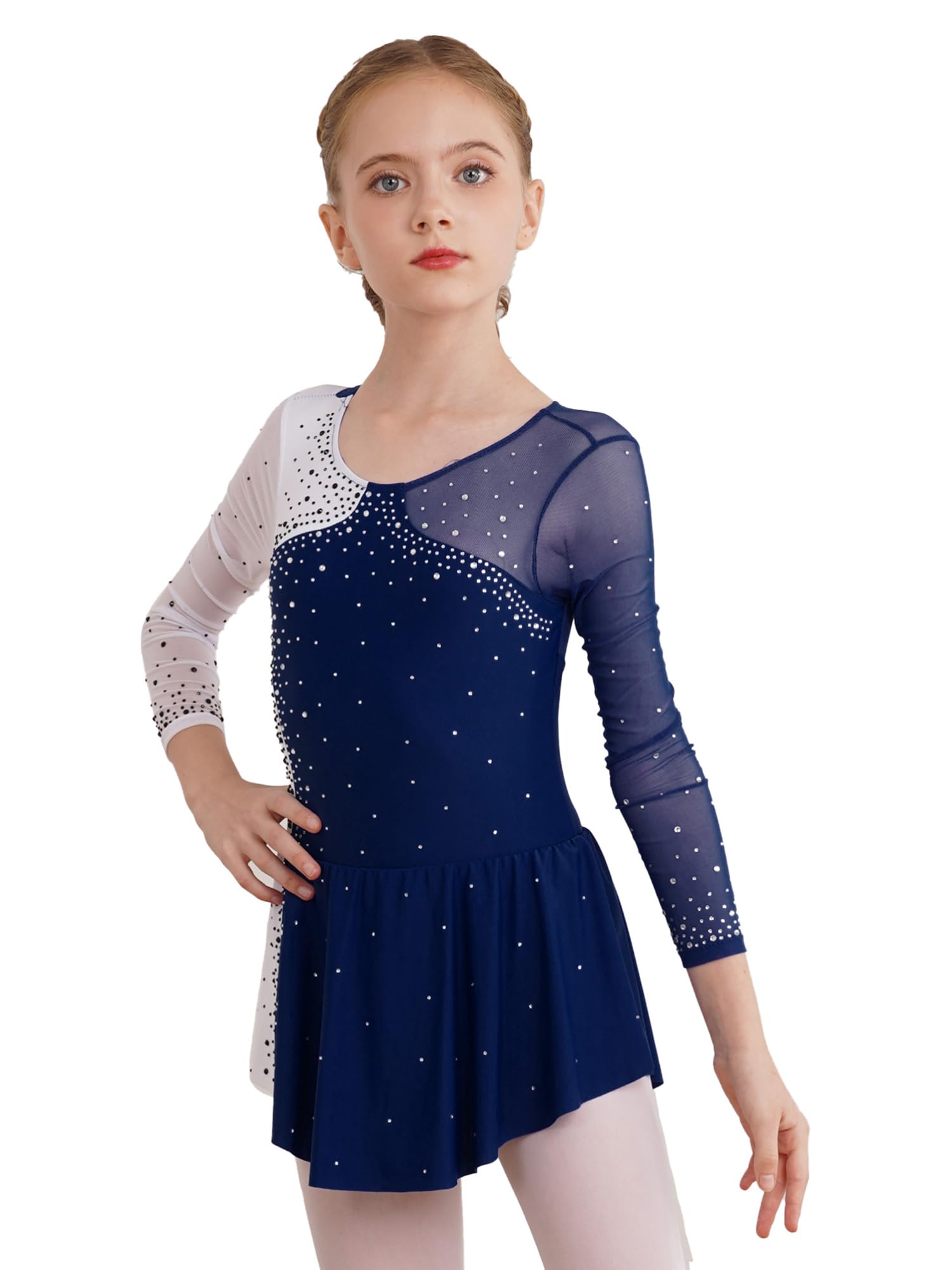 CHICTRY Kürkleider Eiskunstlauf Kinder Mädchen Strass Glitzer Rollschuhkleid Langarm Tanzbody Farbblock Patchwork Trikot Mit Wickelrock Dancewear