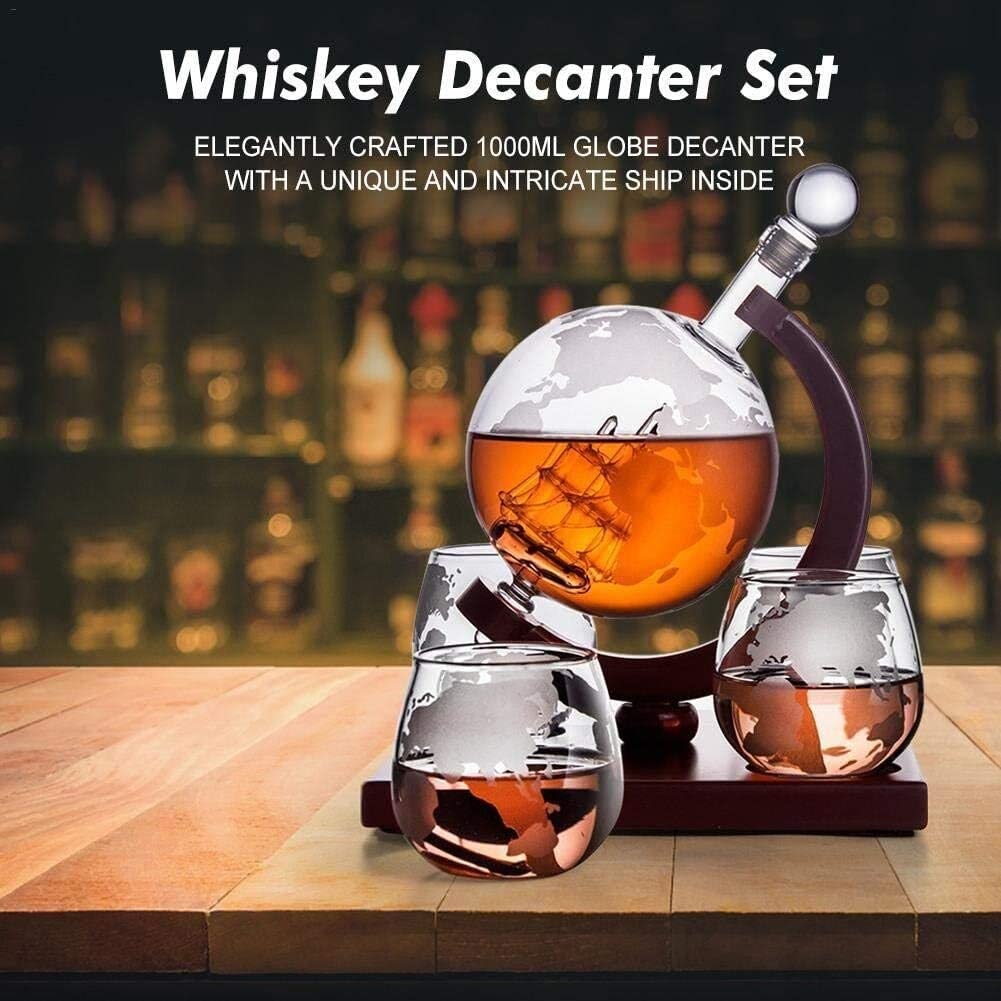 Decantador de jarras de vidrio for el hogar y el pub Juego de decantador de whisky con globo grabado - Jarra de globo de vodka - Decantador de globo de velero de vidrio artesanal de 1000 ml - Los mejo