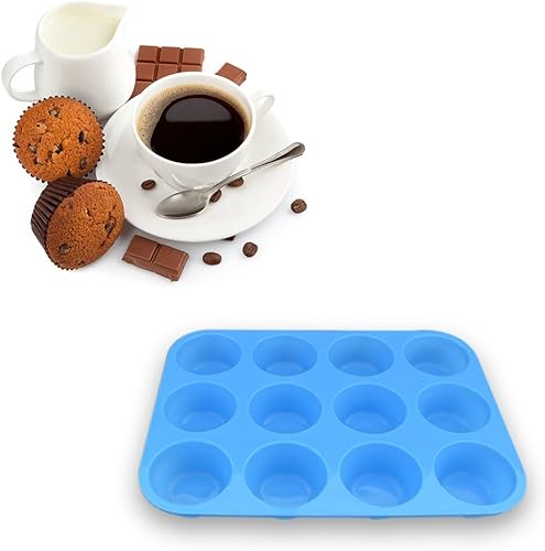 Miniatura 3 de homEdge Molde de silicona para magdalenas de 12 tazas, paquete de 2 moldes antiadherentes para magdalenas, tartas, bocados de huevo, color azul