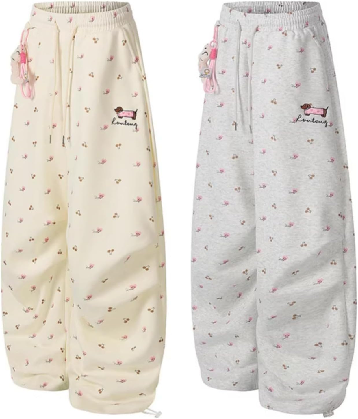 Women Embroidery Puppy Barrel Sweatpants Cute Floral Print Baggy Wide Leg Pants Y2K Elastic Drawstring Lantern Trouser