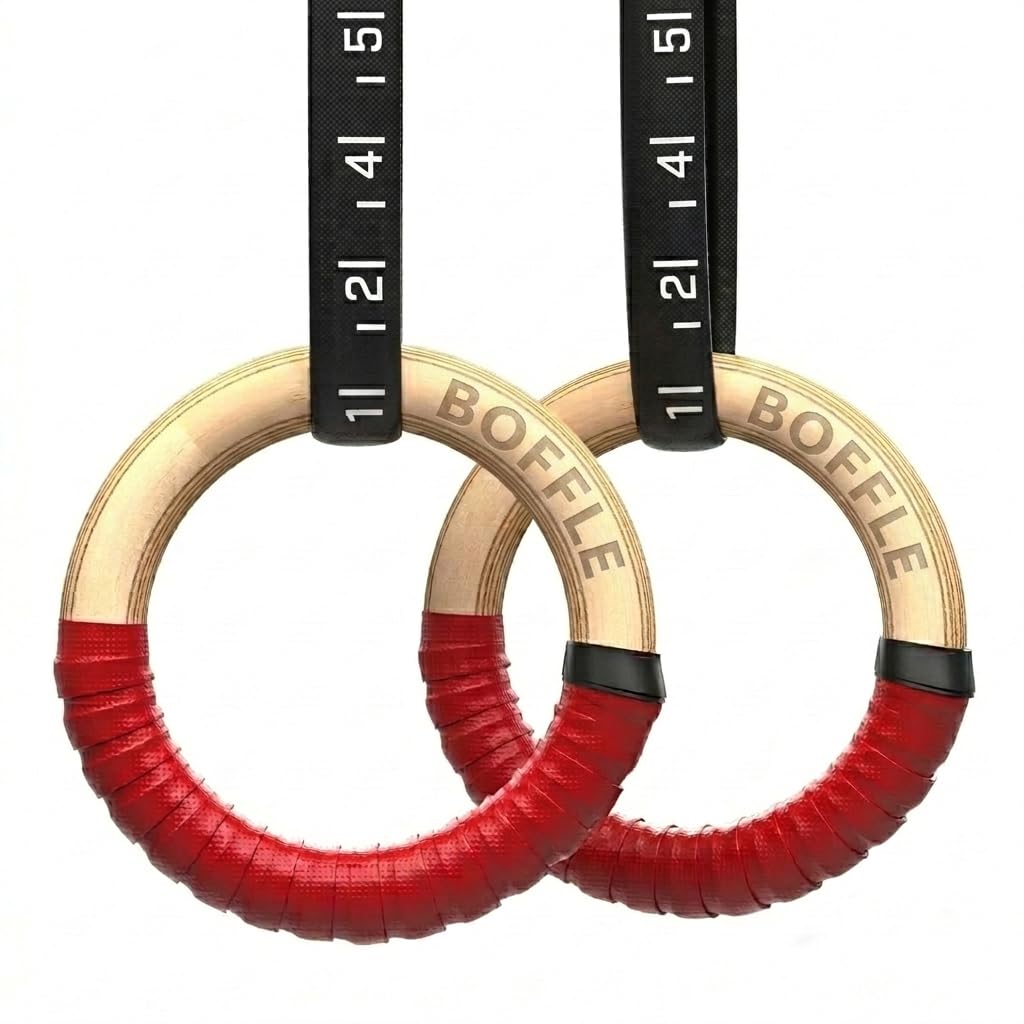 Wood Gymnastics Rings with Adjustable Cam Buckle Straps Exercise Non-Slip Training for Home Gym Full Body Workout. (Red_1100lbs)-image-38