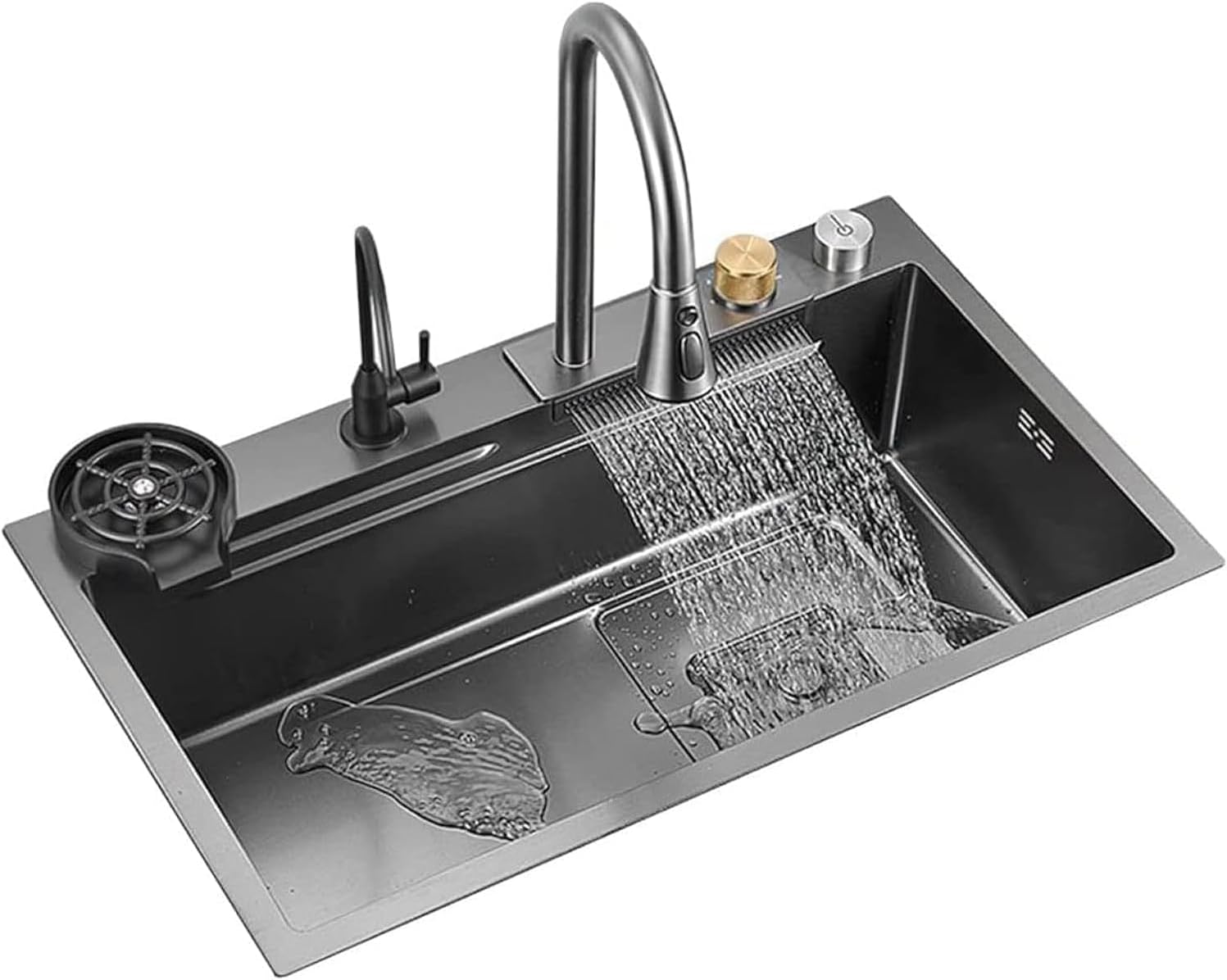 Black Nano Single Bowl Kitchen Sink 304 Stainless Steel Waterfall Bar